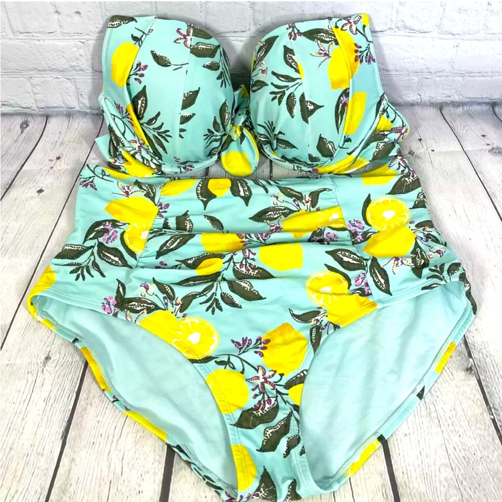 Adore Me Bikini Swim Retro 2 Piece Halter 40D High Waist 1X Tropical Lemons